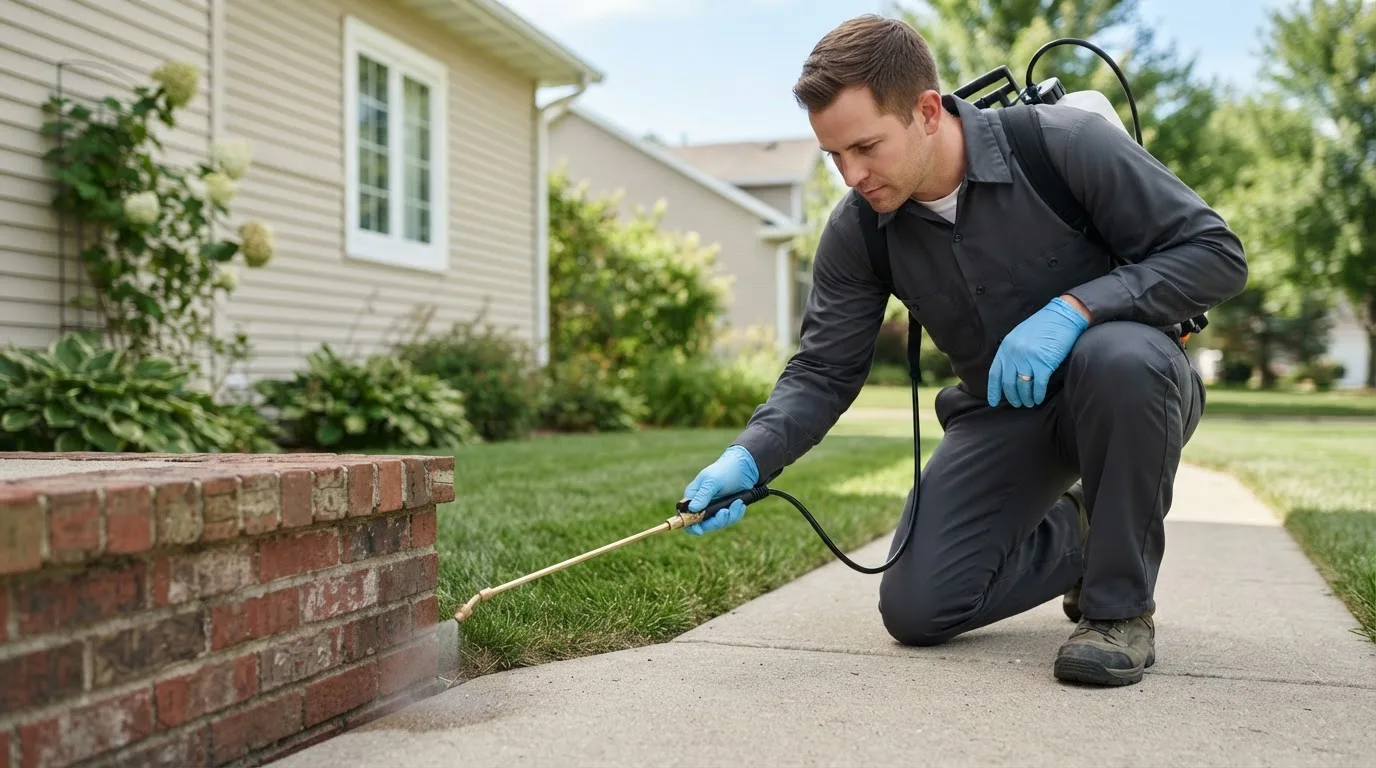 Pest control technician treating a home near Bowdon, GA
